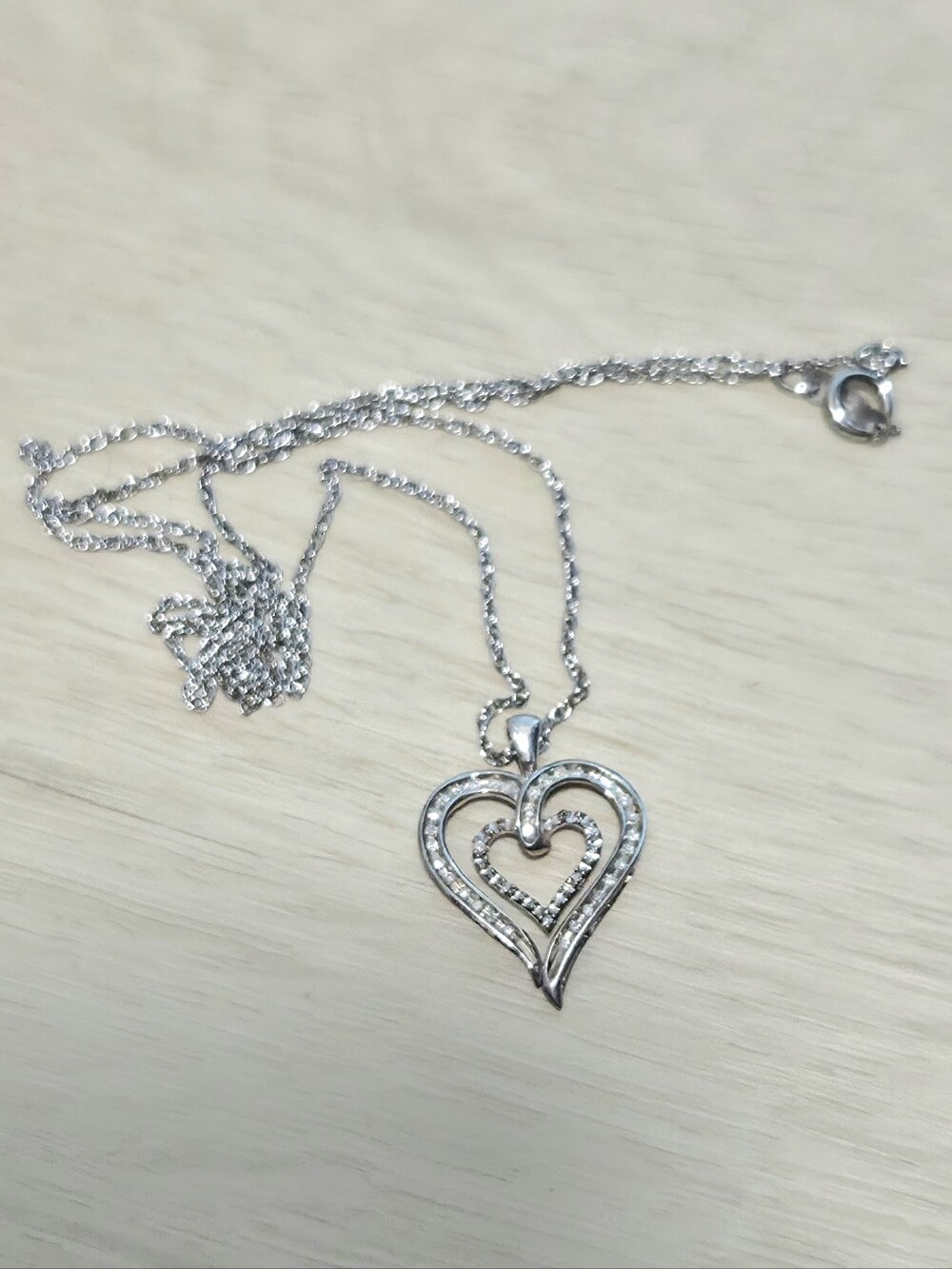 Sterling Silver Double Heart Pendant Necklace With Natural Diamond